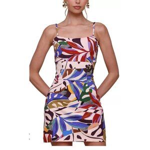 Avec les Filles Y2K Women's Printed Leaf Square-Neck Bodycon Mini Dress NWT 10